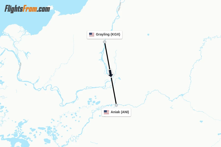 Flights from Grayling to Aniak route map