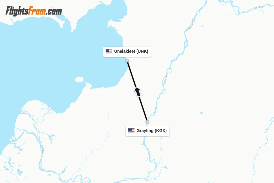 Flights from Grayling to Unalakleet route map