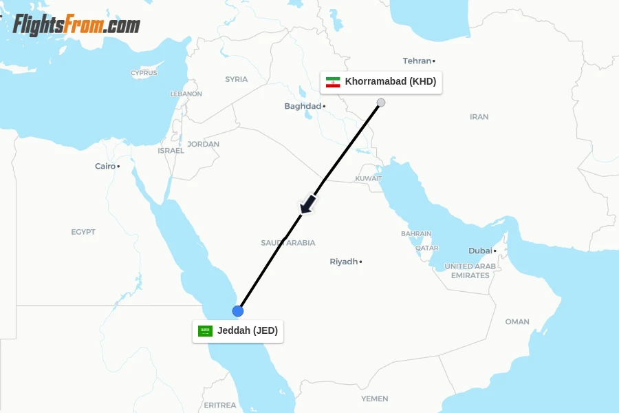 Flights from Khorramabad to Jeddah route map