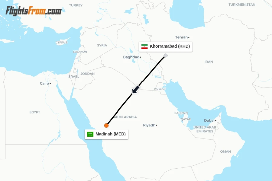 Flights from Khorramabad to Madinah route map