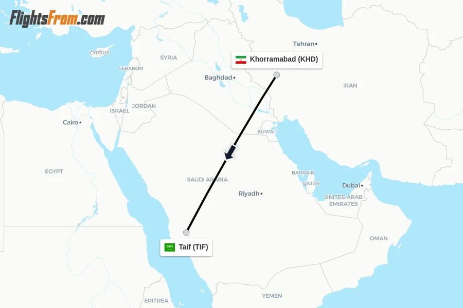 Flights from Khorramabad to Taif route map