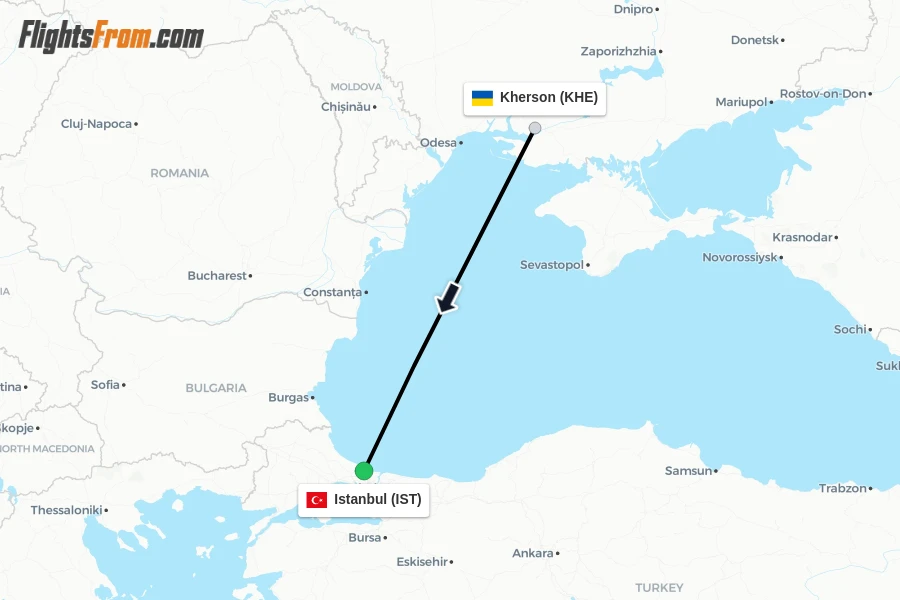 Flights from Kherson to Istanbul route map