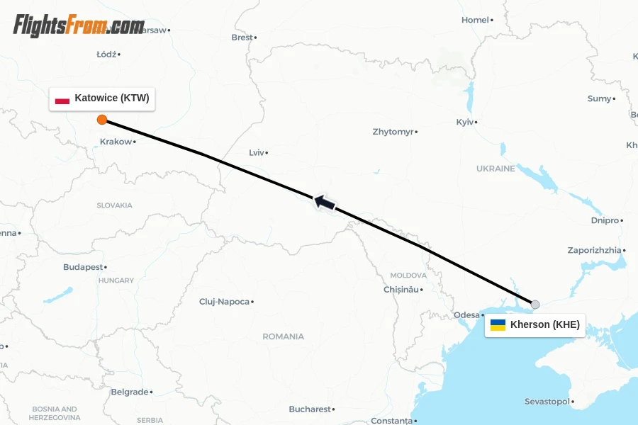 Flights from Kherson to Katowice route map