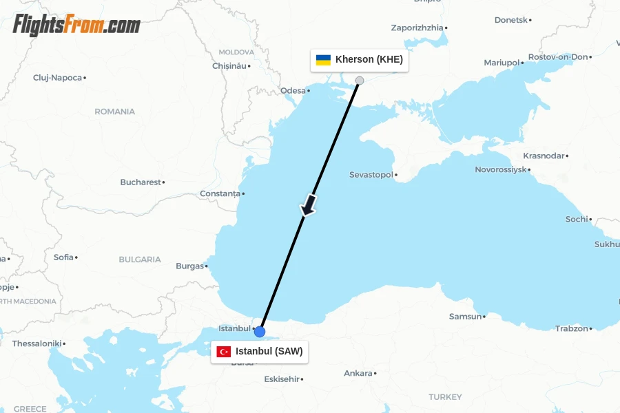 Flights from Kherson to Istanbul route map