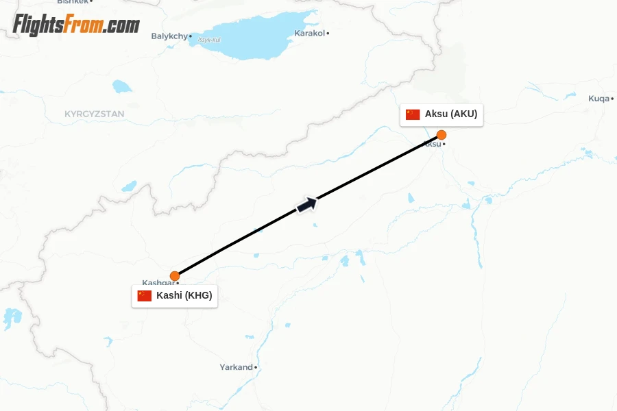 Flights from Kashi to Aksu route map