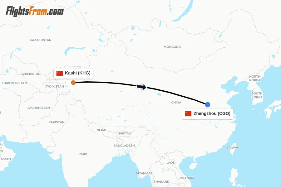 Flights from Kashi to Zhengzhou route map