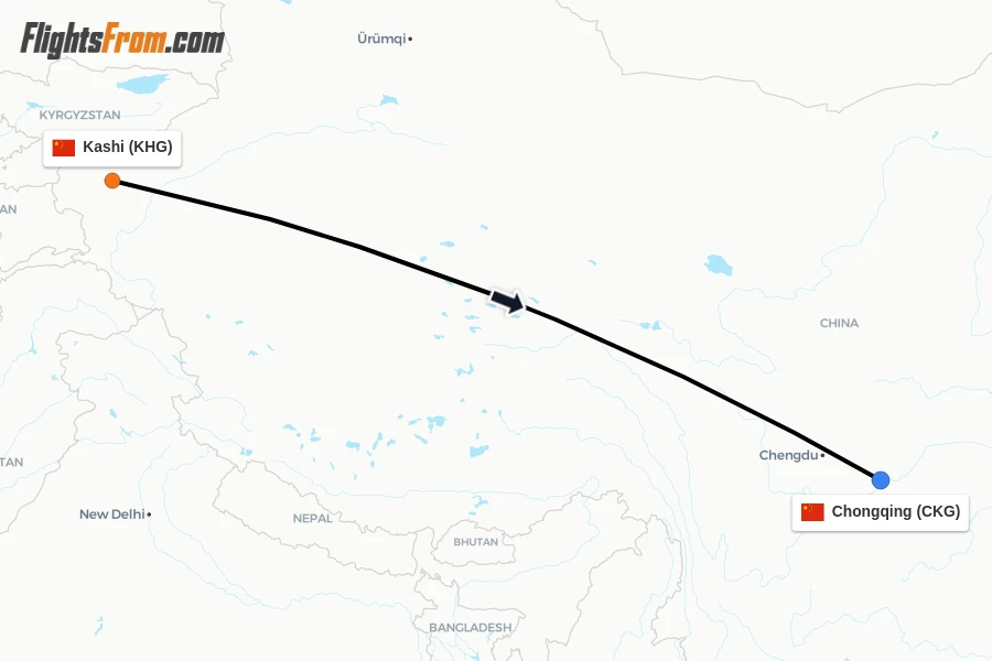 Flights from Kashi to Chongqing route map