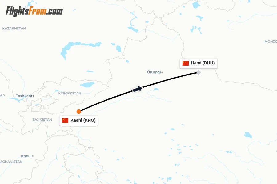 Flights from Kashi to Hami route map