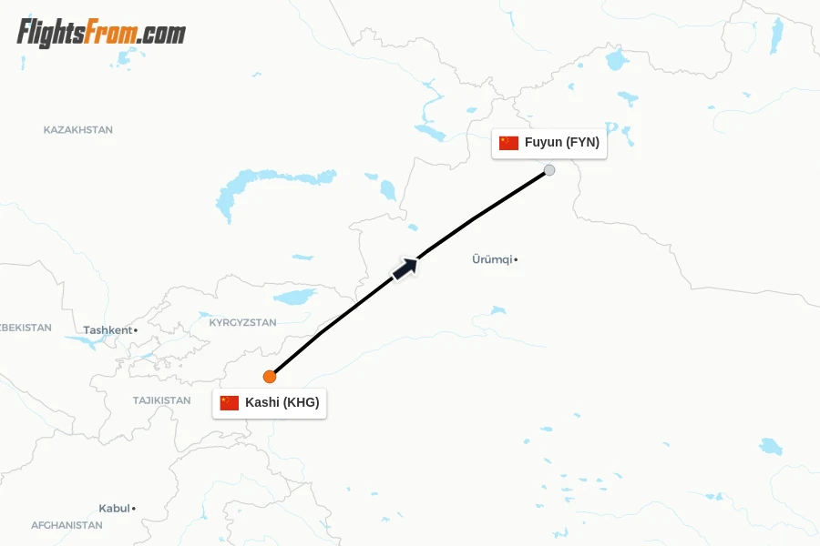 Flights from Kashi to Fuyun route map