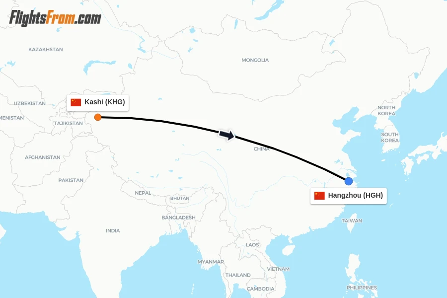 Flights from Kashi to Hangzhou route map