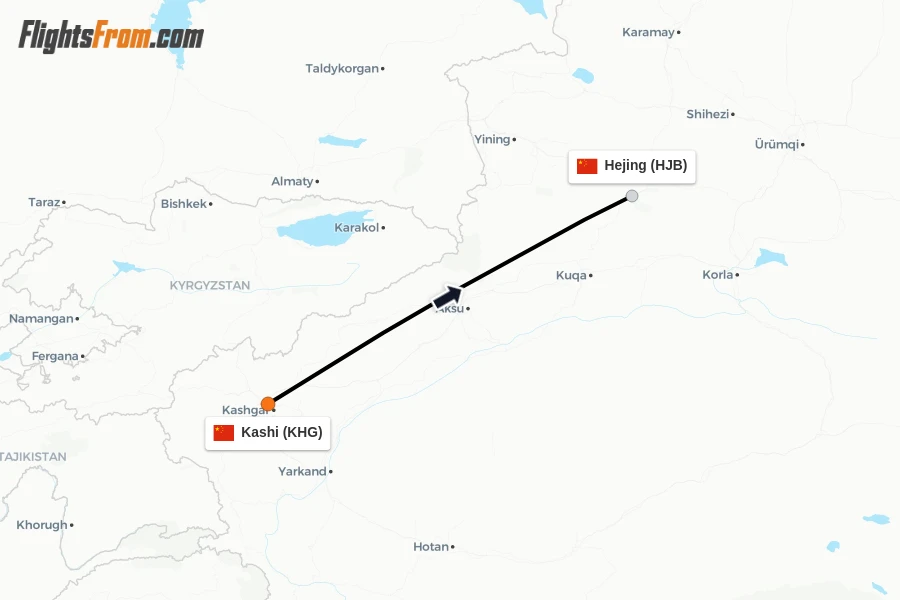 Flights from Kashi to Hejing route map