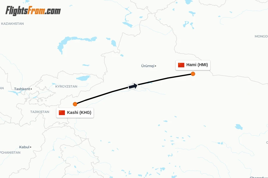 Flights from Kashi to Hami route map