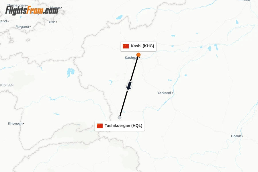 Flights from Kashi to Tashikuergan route map
