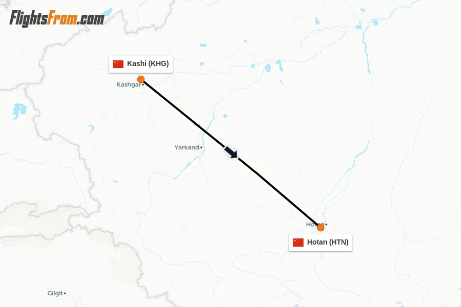 Flights from Kashi to Hotan route map