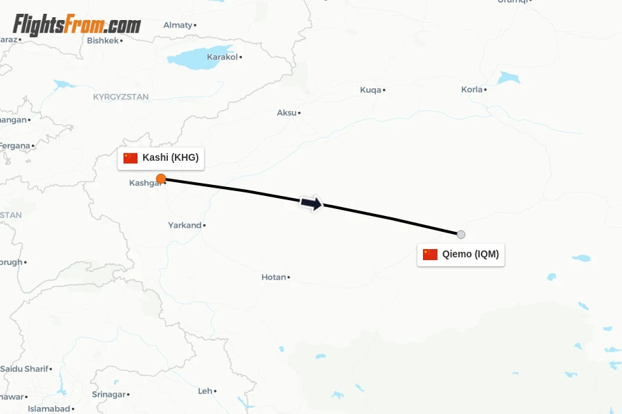 Flights from Kashi to Qiemo route map
