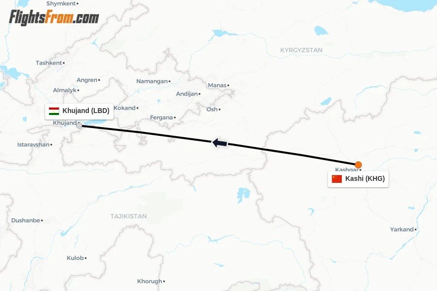 Flights from Kashi to Khujand route map