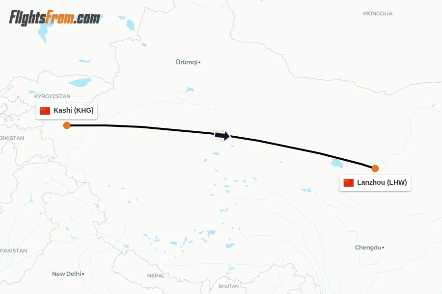 Flights from Kashi to Lanzhou route map
