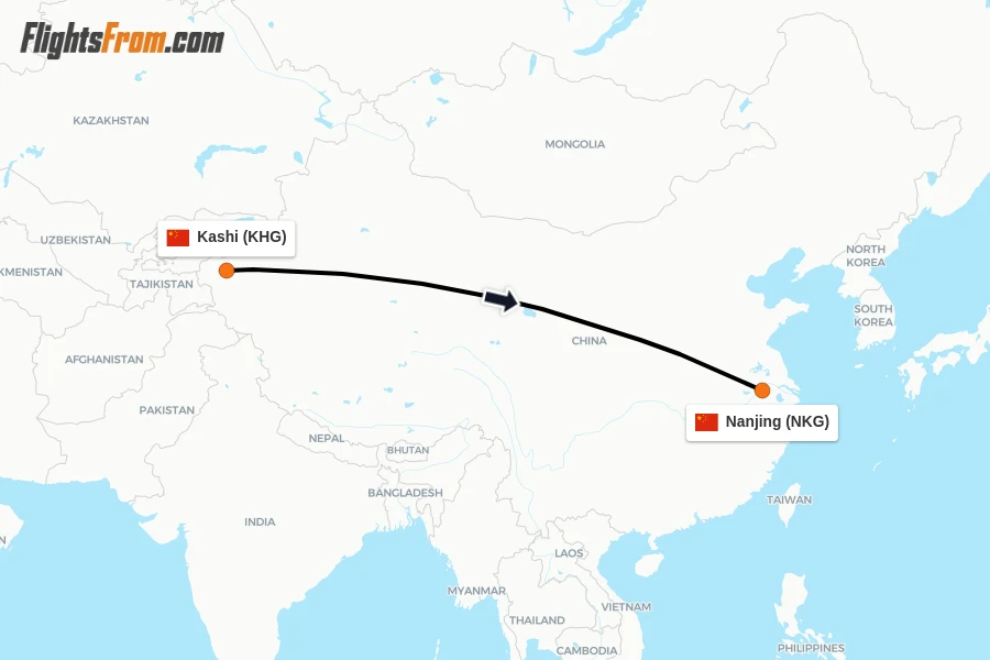 Flights from Kashi to Nanjing route map