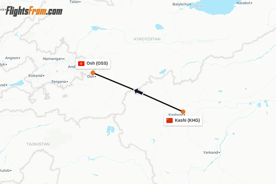 Flights from Kashi to Osh route map