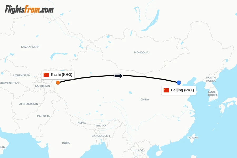 Flights from Kashi to Beijing route map
