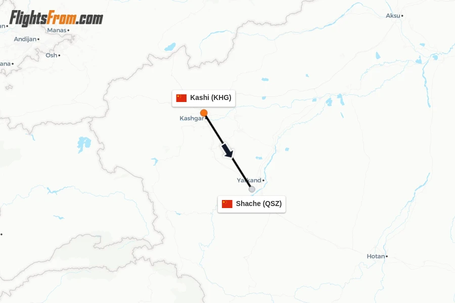 Flights from Kashi to Shache route map