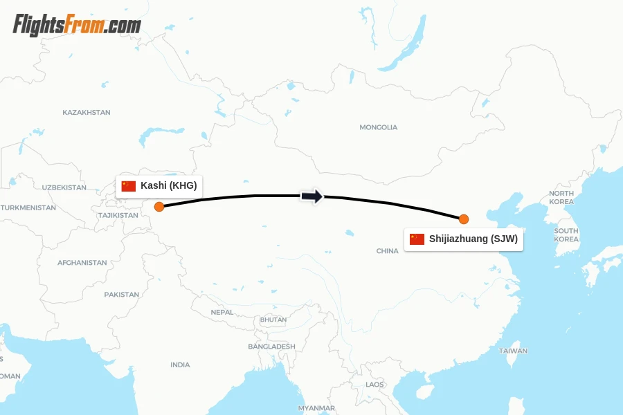 Flights from Kashi to Shijiazhuang route map