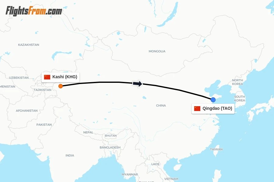 Flights from Kashi to Qingdao route map