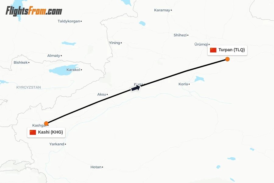 Flights from Kashi to Turpan route map