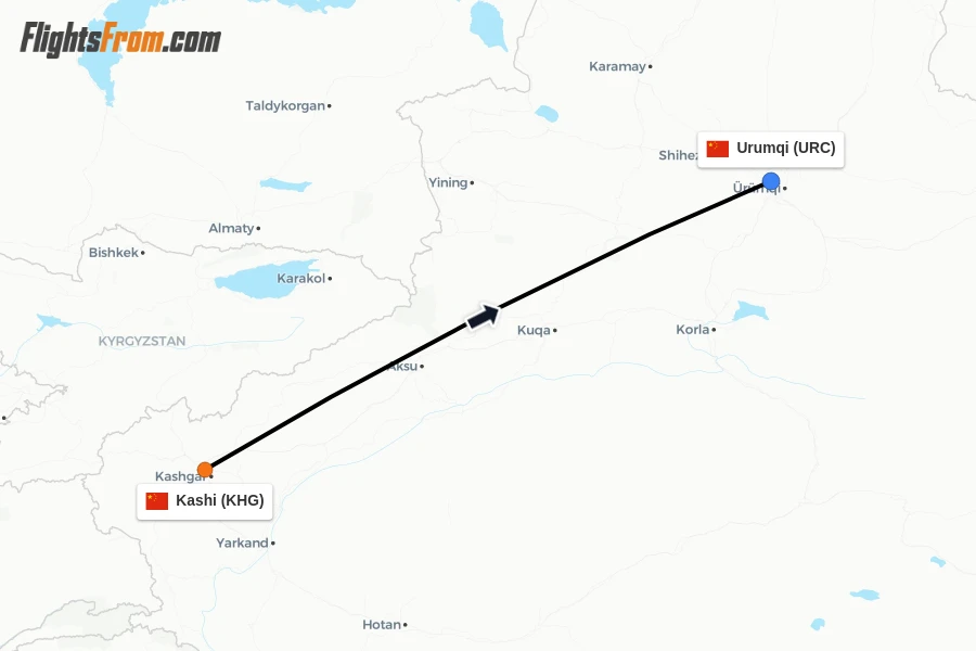 Flights from Kashi to Urumqi route map