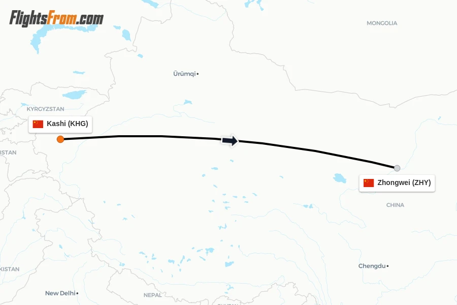 Flights from Kashi to Zhongwei route map