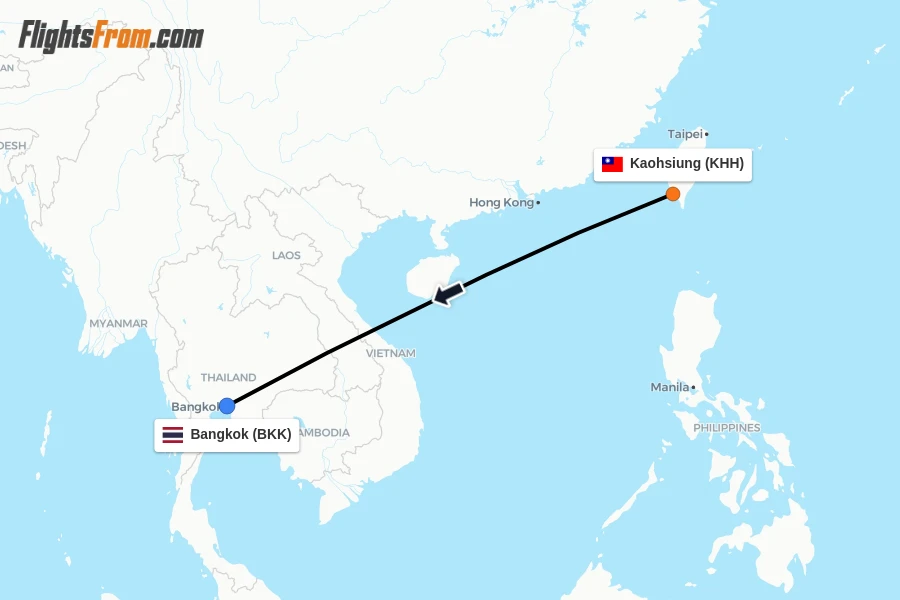 Flights from Kaohsiung to Bangkok route map