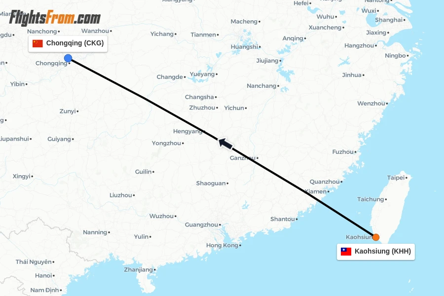Flights from Kaohsiung to Chongqing route map