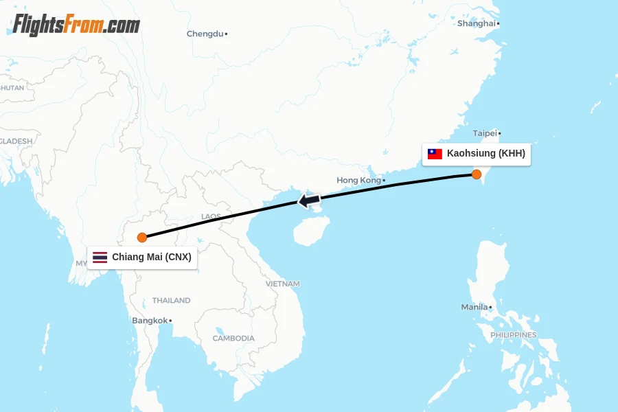 Flights from Kaohsiung to Chiang Mai route map