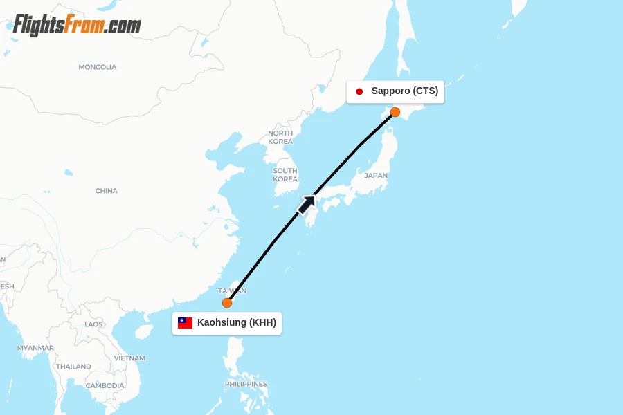 Flights from Kaohsiung to Sapporo route map