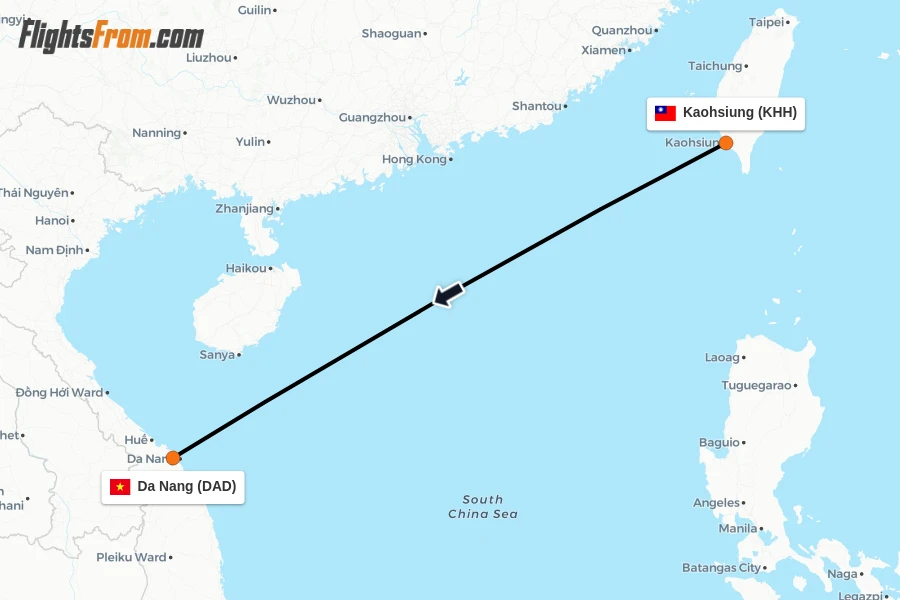 Flights from Kaohsiung to Da Nang route map
