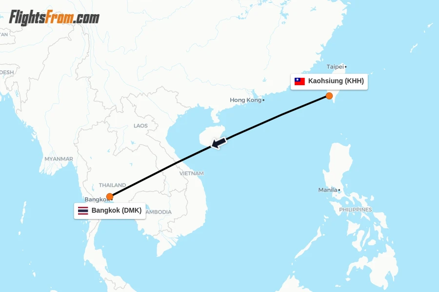 Flights from Kaohsiung to Bangkok route map
