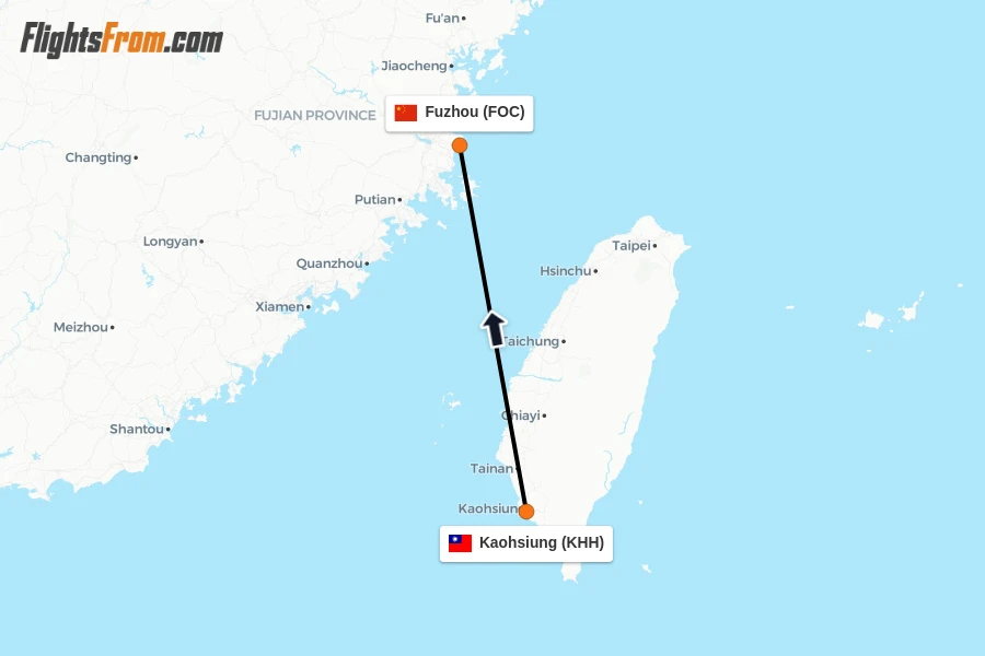 Flights from Kaohsiung to Fuzhou route map
