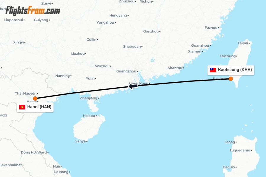 Flights from Kaohsiung to Hanoi route map