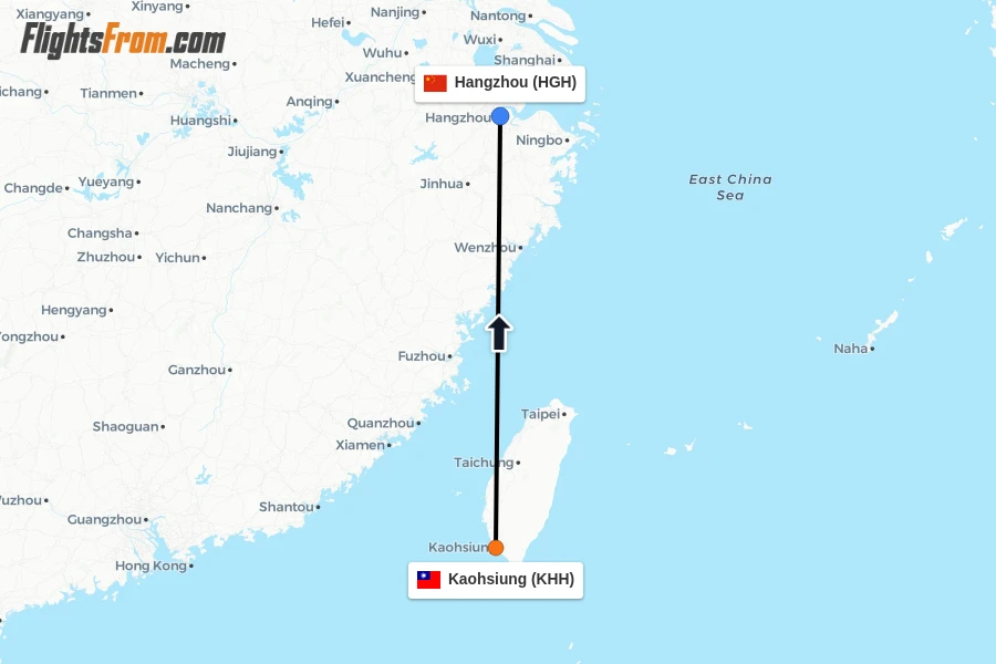 Flights from Kaohsiung to Hangzhou route map
