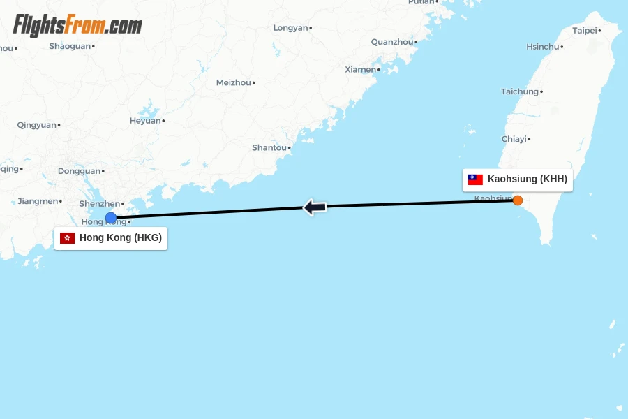 Flights from Kaohsiung to Hong Kong route map