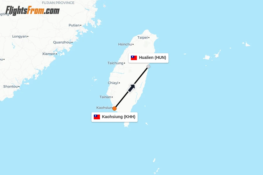 Flights from Kaohsiung to Hualien route map