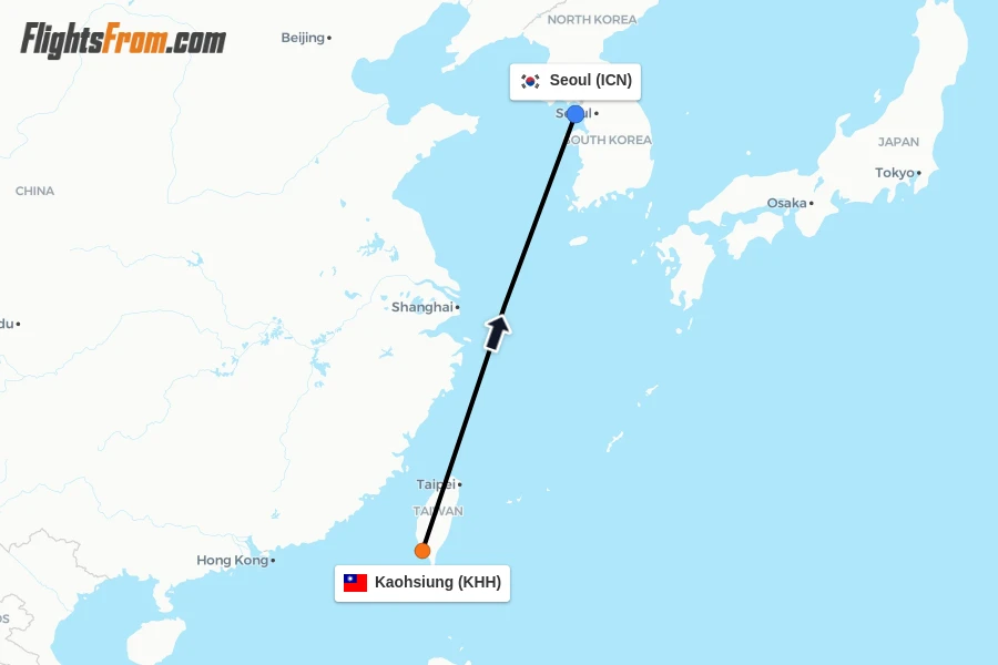 Flights from Kaohsiung to Seoul route map