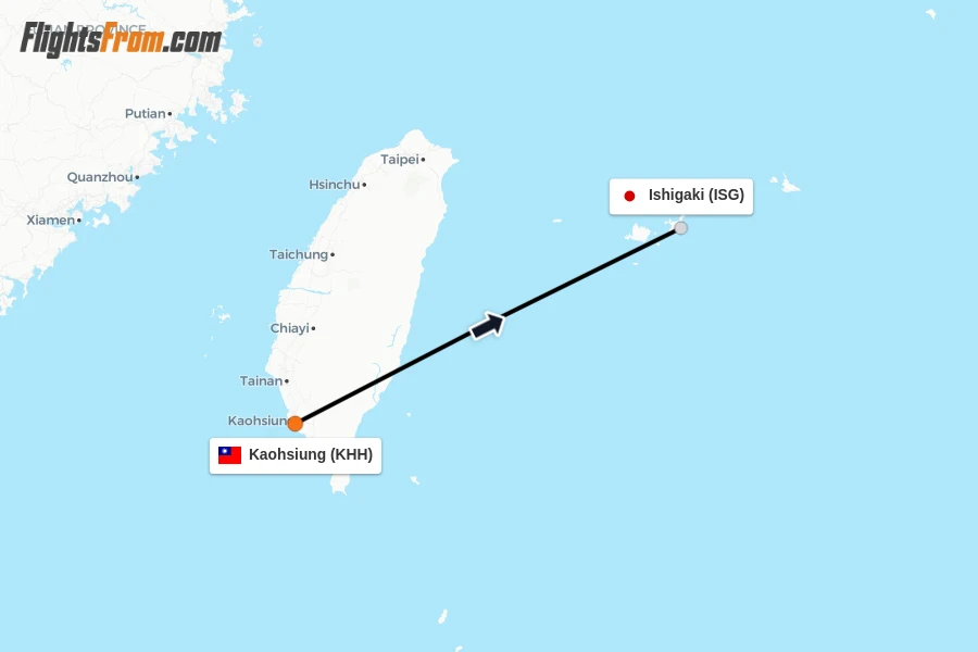 Flights from Kaohsiung to Ishigaki route map
