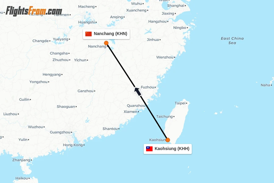 Flights from Kaohsiung to Nanchang route map