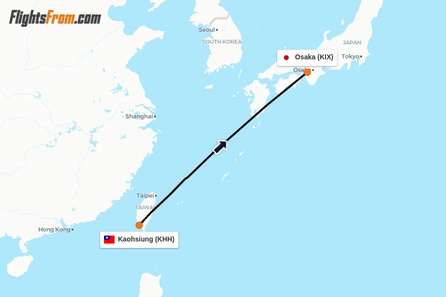 Flights from Kaohsiung to Osaka route map