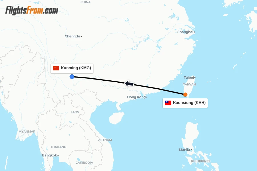 Flights from Kaohsiung to Kunming route map