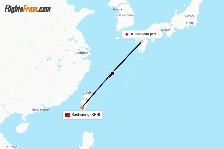 Flights from Kaohsiung to Kumamoto route map