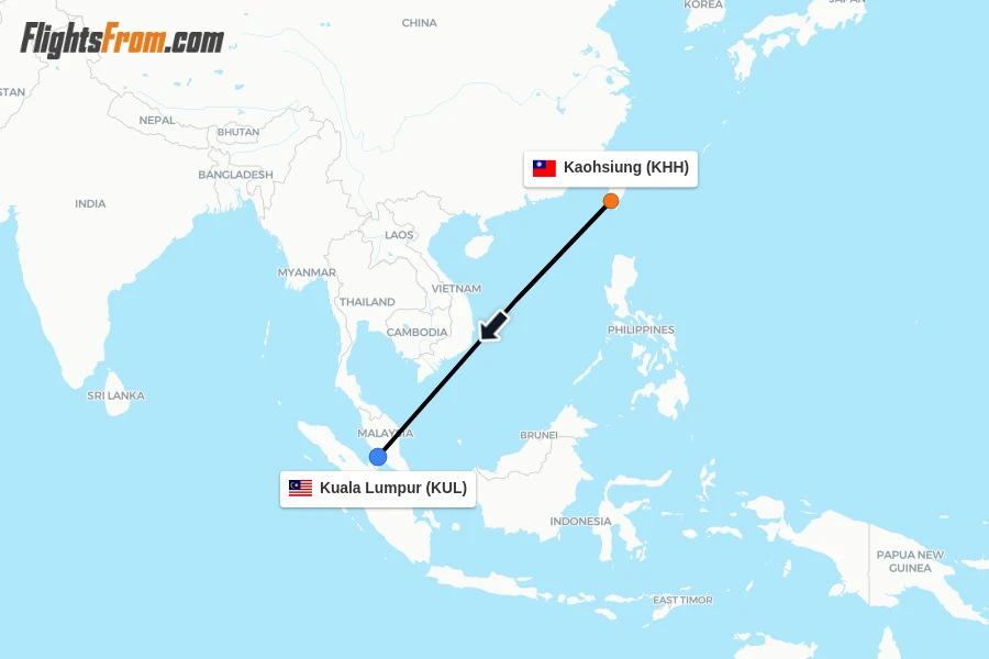 Flights from Kaohsiung to Kuala Lumpur route map