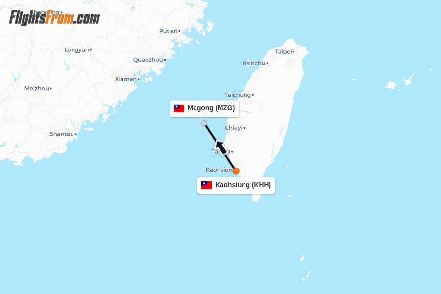 Flights from Kaohsiung to Magong route map