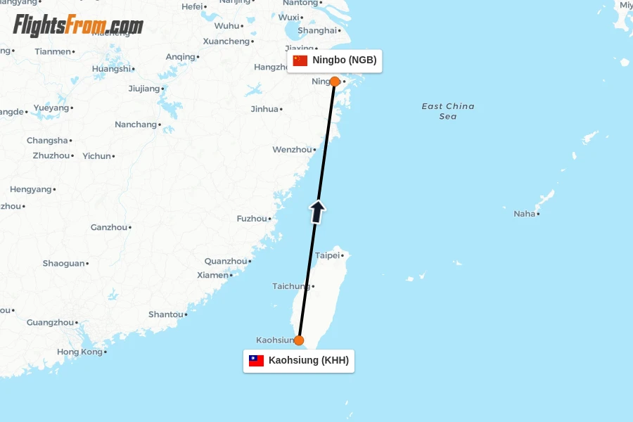 Flights from Kaohsiung to Ningbo route map